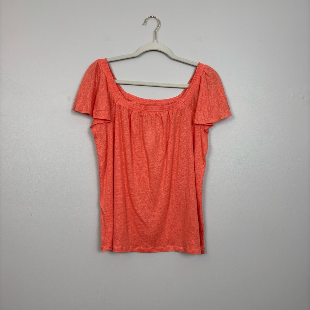 Loft‎ Top Womens Medium Orange 100% Linen Square Neck Short Sleeve Blouse